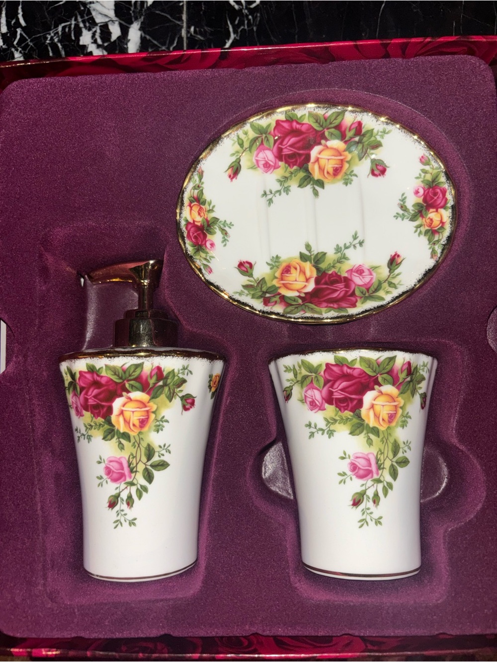 Royal Albert Floral Porcelain Bath Set - White with Pink, Yellow & Red Roses